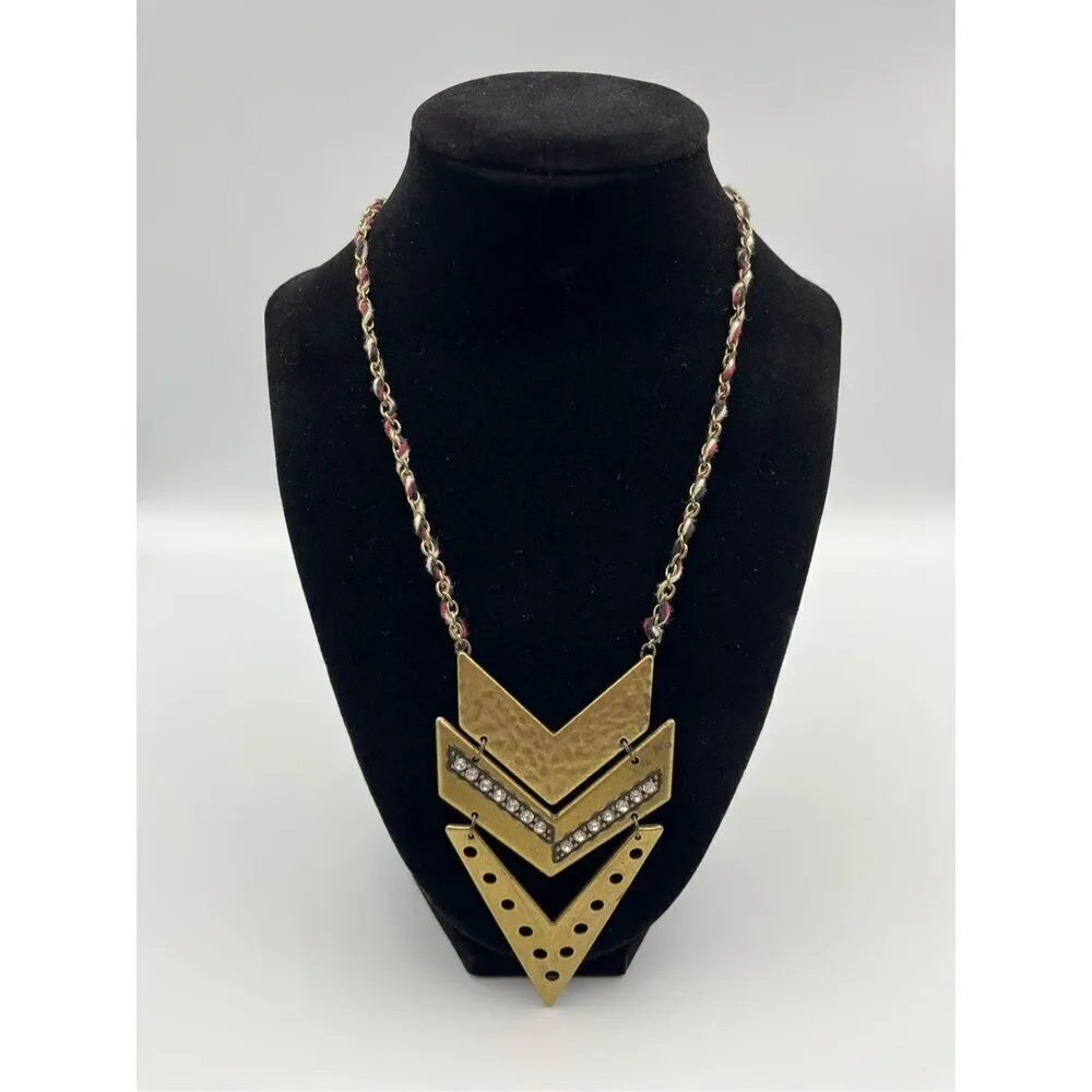 Brass Tone Arrow Rhinestone Triple Chevron Necklace 19.5”